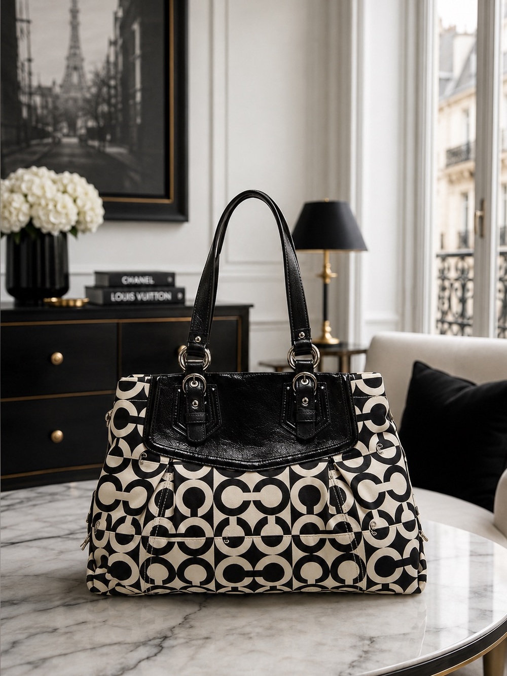 COACH Madison Op Art Carryall — Black & White Signature Patent Leather - Picture 4 of 7